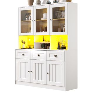 Buffet De Cuisine Avec LED, 6 Portes, 3 Tiroirs Et 4 Niches Blanc