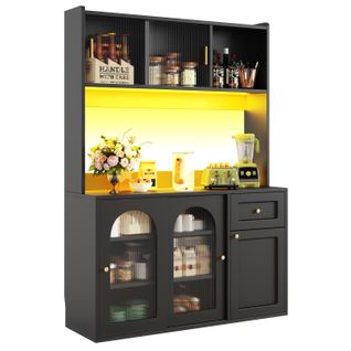Buffet De Cuisine Avec LED, 1 Porte, 4 Portes Coulissantes Et 1 Tiroir Noir