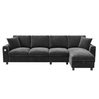 Canapé D'angle Convertible Méridienne Réversible L Shape 4 Places Avec USB Tissu Gris