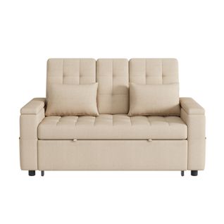 Canapé Convertible 2 Places Avec Accoudoirs De Rangement Et Dossier Réglable Lin Beige