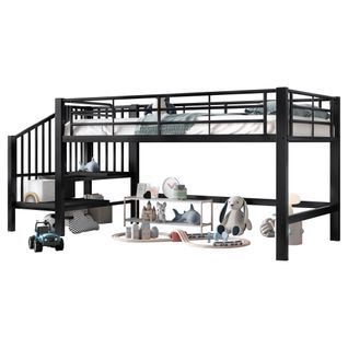 Lit Mezzanine 90x200cm Avec Barrière Et Escalier Métal Noir