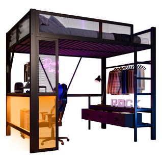 Lit Mezzanine 140 X 200 Cmavec Éclairage LED, Ports USB, Bureau, 3 Tiroirs Et Espace Penderie Noir