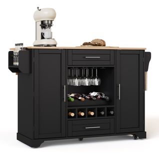 Ilot Central Cuisine Comptoir Avec 2 Portes, 2 Tiroirs Et Cave à Vin Noir