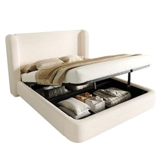 Lit Coffre 160 X 200 Cm Avec Tête De Lit Et Sommier à Lattes Boucle Beige