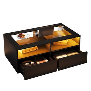 Table Basse Avec LED, 2 Tiroirs Et 2 Niches Noir