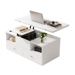 Table Basse Avec Plateau Relevable, 2 Tiroirs Et 2 Niches Blanc
