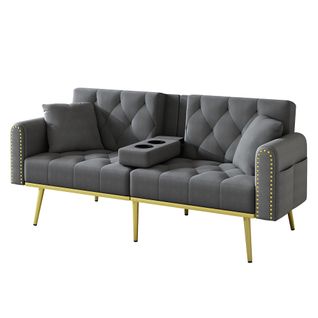 Canapé Convertible 2 Places Avec Dossier Réglable Et 2 Porte-gobelets Velours Gris