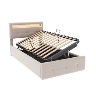 Lit Enfant Lit Coffre 90 X 200 Cm Avec Tête De Lit LED Velours Beige