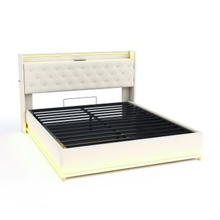 Lit Coffre Lit 2 Place 160 X 200 Cm Avec LED Et USB Lin Beige