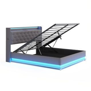 Lit Coffre Lit 2 Place 160 X 200 Cm Avec LED Et USB Lin Gris