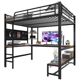 Lit Mezzanine 140 X 200 Cm Avec LED, USB, Bureau Et Étagères à Plusieurs Niveaux Noir