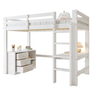 Lit Mezzanine 90x200 Cm Avec Bureau, 3 Tiroirs Et 2 Niches Blanc