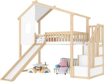 Lit Mezzanine Cabane 90x200 Cm Avec 2 Escaliers De Rangement Et Toboggans Blanc + Imitation Chêne
