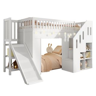 Lit Mezzanine 90x200 Cm Avec LED, Toboggans, Barrières De Sécurité Et Escaliers De Rangement Blanc