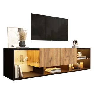Meuble TV L.160 Cm Avec LED, 2 Tiroirs Et 5 Niches Noir + Imitation Chêne