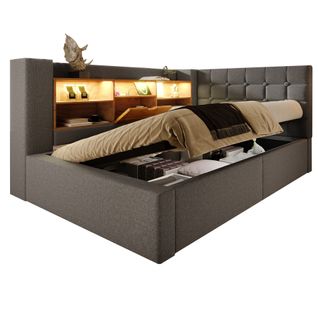 Lit Coffre 90x190 Cm Avec LED, Tête De Lit En Forme De L Avec Rangement Lin Gris