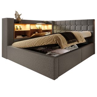 Lit Coffre 140x190 Cm Avec LED, Tête De Lit En Forme De L Avec Rangement Lin Gris
