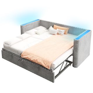 Lit Gigogne 90x200 Cm Avec LED Et Sommier Velours Gris