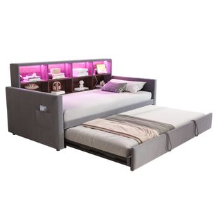 Lit Gigogne 90x190 Cm Avec LED, USB Et 8 Niches Velours Gris