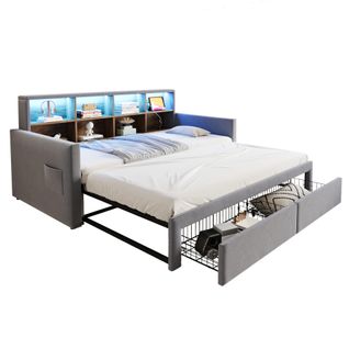 Lit Gigogne 90x190 Cm Avec LED, USB, 2 Tiroirs Et 8 Niches Velours Gris Clair