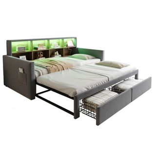 Lit Gigogne 90x190 Cm Avec LED, USB, 2 Tiroirs Et 8 Niches Velours Gris