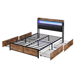 Lit Adult Marron LED Avec 4 Tiroirs 140 X 200 Cm Style Industriel