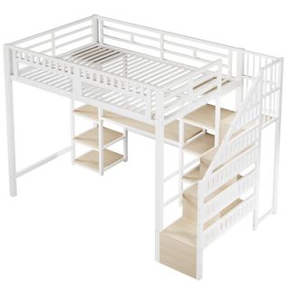 Lit Mezzanine 140 X 200 Cm Avec Bureau,  LED, USB, Escalier Et Étagères à 8 Niveaux En Fer Blanc