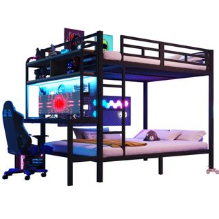 Lit Superposé 2 X 140 X 200 Cm Avec Bureau, Écran LED, Ports USB Et Étagères à 2 Niveaux En Fer Noir