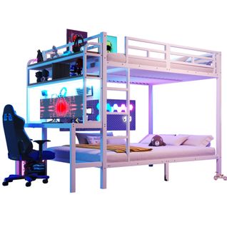 Lit Superposé 2 X 140 X 200 Cm Avec Bureau, LED, USB Et Étagères à 2 Niveaux En Fer Blanc