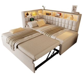 Lit Gigogne 90 X 200 Cm Avec Éclairage LED, Ports USB Et 6 Niches Lin Beige