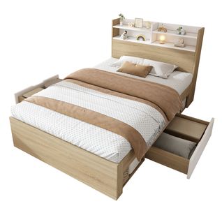 Lit Enfant 90 X 200 Cm Avec 2 Tiroirs, Tête De Lit Et Rangement Sous Le Lit Blanc Et Imitation Chêne