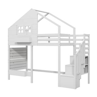 Lit Mezzanine Cabane 90 X 200 Cm Avec Escalier De Rangement Blanc