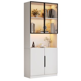 Vitrine Avec LED, 4 Portes Et 1 Compartiment De Rangement Ouvert Blanc