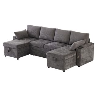 Canapé Panoramique Convertible Avec Coffres De Rangement Et 2 Porte-gobelets 4 Places Gris