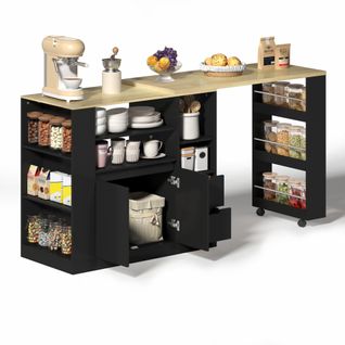 Ilot De Cuisine Avec Plateau Extensible, 2 Portes, 2 Tiroirs Et Étagères Multiples Noir