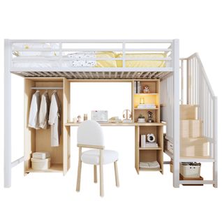 Lit Mezzanine 90 X 200 Cm Avec Bureau, Armoire, Étagères Et Escalier De Rangement En Métal Blanc