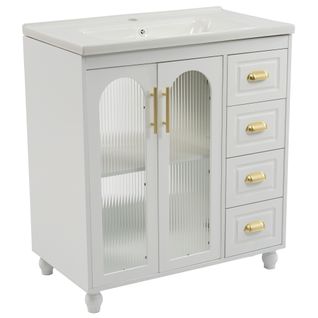 Meuble De Salle De Bain Vasque Avec 2 Portes Et 3 Tiroirs Blanc