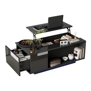 Table Basse Plateau Relevable Avec 1 Tiroir Et LED Noir