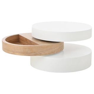 Table Basse Plateau Supérieur Pivotant à 360° Rond Blanc Et Imitation Chêne