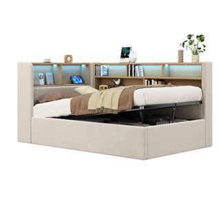 Lit Coffre 90 X 200 Cm Avec LED, USB Et Étagère à Plusieurs Niveaux Velours Beige