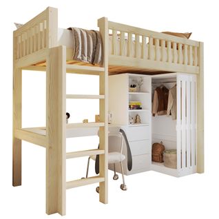 Lit Mezzanine 90 X 200cm Avec Bureau, 3 Tiroirs, 3 Étagères Et Penderie Imitation Chêne