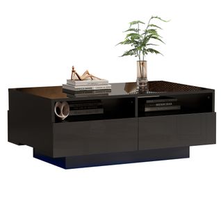 Table Basse Noir Brillante Avec 2 Tiroirs, 2 Niches, Lumière LED 16 Couleurs Et USB