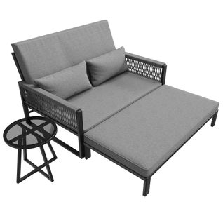 Bain De Soleil Transat En Fer Avec Accoudoirs Tressés, Avec Table Basse En Verre Et Coussins Gris