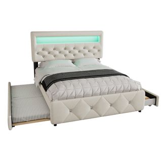 Lit Double 140 X 200cm (90 X 200cm) Avec Lit Gigogne Et 2 Tiroirs, Table De Chevet Beige