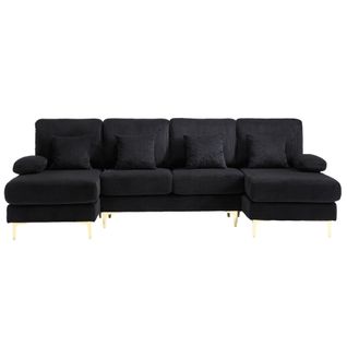 Canapé En U Avec Éclairage D'ambiance LED, Port USB-c, Coussins Et Dossiers, Bois Massif,noir