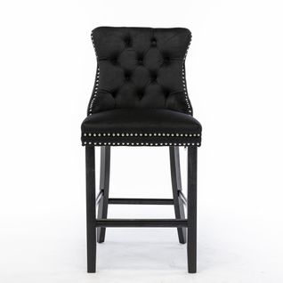 Lot De Deux Tabourets De Bar, Avec Détails Cloutés Et Pieds En Bois, Revêtement En Velours, Noir