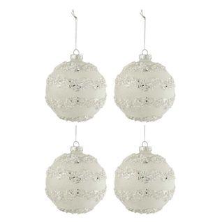 Lot De 4 Boules De Noël "lignes Paillettes" 10cm Blanc