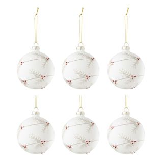 Lot De 6 Boules De Noël Paillettes "houx" 8cm Blanc
