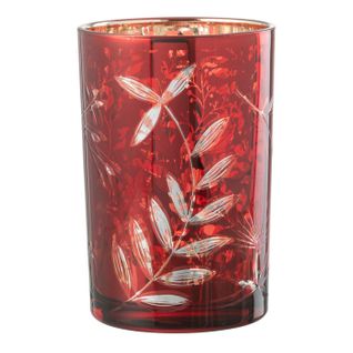 Photophore Déco En Verre "feuilles" 18cm Rouge