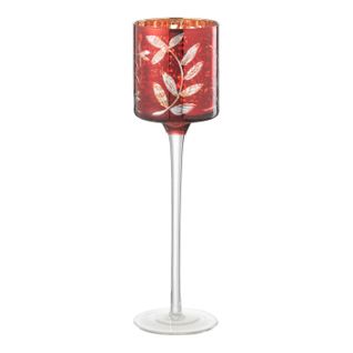 Photophore Sur Pied En Verre "feuilles" 25cm Rouge